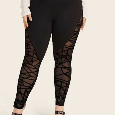 Women’s Sexy Leggings High Waist Mesh Plus Cut Out Size 12 0XL Black Contrast